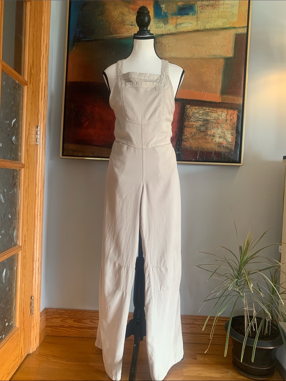 100% Tencel Wide Leg Jumpsuit Overalls Beige, Sz L